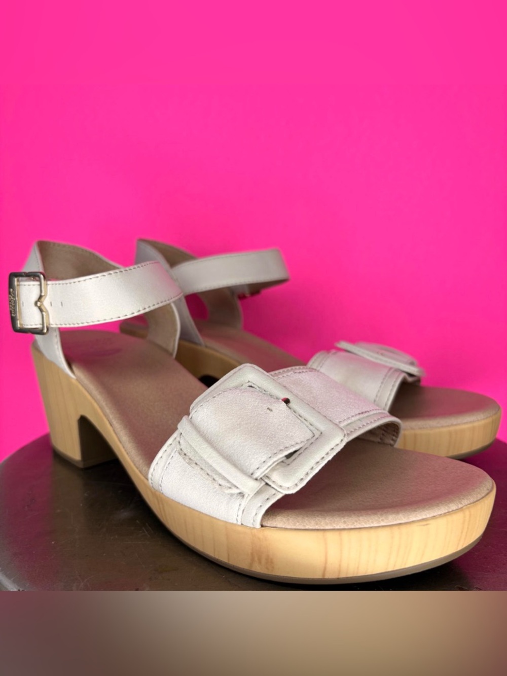 Dr. Scholl's Felicity Too Beige Faux Leather, Wood Buckle Accent Sandal US 9.5